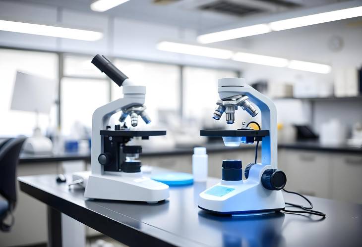 Cutting Edge Research Microscope on Table with Blue Light